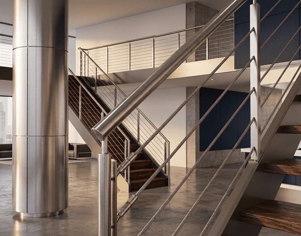 Escalera y barandas de acero inoxidable en obra arquitectónica