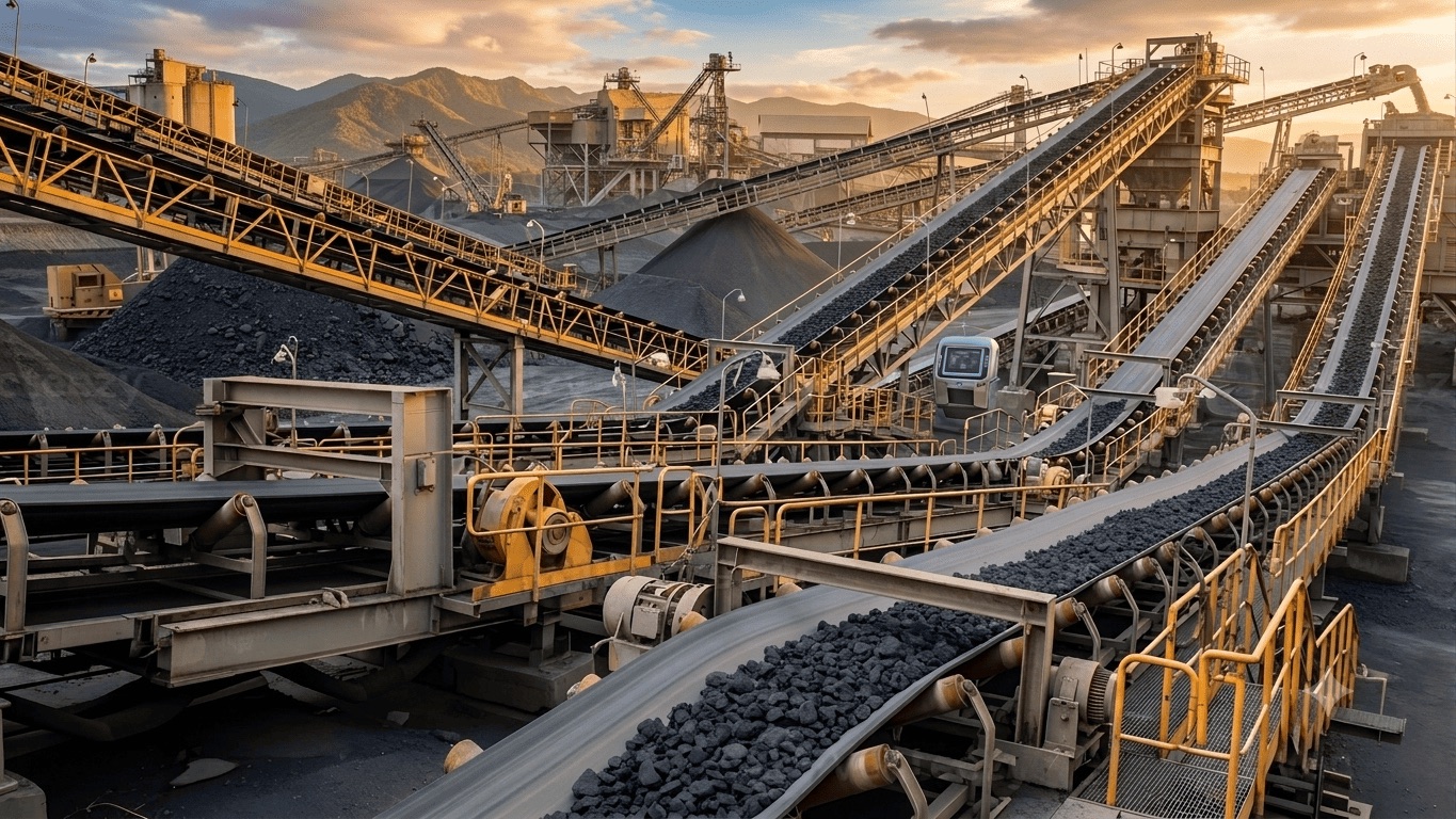 Planta de procesamiento minero con cintas transportadoras